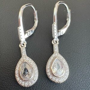 moissanite Dangle drop teardrop Silver tone earrings like new CZ bride prom
